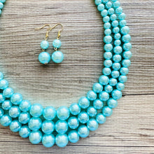 Load image into Gallery viewer, Turquoise Graduated Necklace, 3 strand jewelry, round beaded chunky statement necklace, blue necklace, light blue jewelry, formal drop long