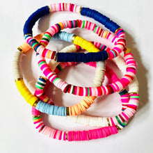 Load image into Gallery viewer, Cabana Candy Statement bracelet, chunky bold bamboo bracelet, gold colorful beaded jewelry, chunky geometric blue pink yellow white cream