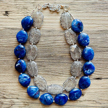 Load image into Gallery viewer, Blue &amp; Gray Big Beaded Necklace, multi strand jewelry bib collar chunky statement necklace, royal blue necklace, bridesmaid necklace