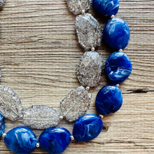 Load image into Gallery viewer, Blue &amp; Gray Big Beaded Necklace, multi strand jewelry bib collar chunky statement necklace, royal blue necklace, bridesmaid necklace