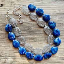 Load image into Gallery viewer, Blue &amp; Gray Big Beaded Necklace, multi strand jewelry bib collar chunky statement necklace, royal blue necklace, bridesmaid necklace