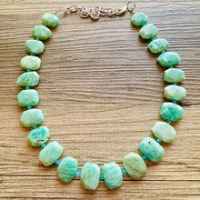 Load image into Gallery viewer, Prehnite GemStone Chunky Statement Necklace, green agate gemstone necklace, gem jewelry beaded necklace, turquoise jewelry pendant long