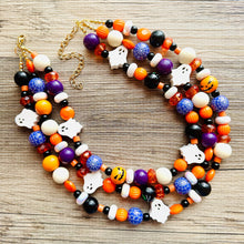 Load image into Gallery viewer, Three Strand Halloween Orange chunky Statement Necklace, orange beaded jewelry, black October necklace, ghost purple pumpkin