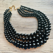 Load image into Gallery viewer, Black Graduated Necklace, 5 strand jewelry, round beaded chunky statement necklace, black necklace, black Pearl jewelry, formal drop long