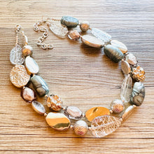 Load image into Gallery viewer, Metallic Gray Vacation Necklace, 2 Strand Statement Jewelry, Chunky bib bridesmaid everyday bubble beaded, mirror silver