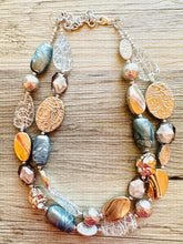 Load image into Gallery viewer, Metallic Gray Vacation Necklace, 2 Strand Statement Jewelry, Chunky bib bridesmaid everyday bubble beaded, mirror silver