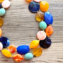 Load image into Gallery viewer, French Pastel chunky necklace, Wanderlust Collection beaded jewelry, resin beaded blue necklace, turquoise coral peach orange yellow necklac