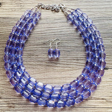 Load image into Gallery viewer, Purple Lavender Chunky Statement Necklace, Big beaded jewelry, 3 Strand Statement Necklace, Bib necklace, transparent wedding