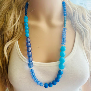 Shades of Blue Long Statement Necklace, long silver necklace, beaded long necklace, periwinkle turquoise royal aqua statement jewelry