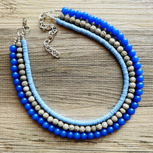 Load image into Gallery viewer, Summertime Storm Blue Chunky Statement Necklace, big Beaded thick Jewelry, Triple Strand wedding or everyday dress bridesmaid