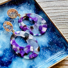 Load image into Gallery viewer, Mirror Gold &amp; Purple Resin Confetti Statement Earrings, gold drop Metal Filigree Earrings, filigree jewelry, metallic earrings geometric