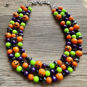 Orange Green Black & Purple Halloween Necklace, Triple strand orange jewelry, jack O Lantern pumpkin chunky big bead statement necklace