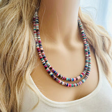 Load image into Gallery viewer, West Coast Rainbow Heishi Beaded Necklace, Colorful Jewelry, 2 strand Chunky statement necklace, beaded necklace, color block necklace