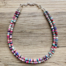 Load image into Gallery viewer, West Coast Rainbow Heishi Beaded Necklace, Colorful Jewelry, 2 strand Chunky statement necklace, beaded necklace, color block necklace