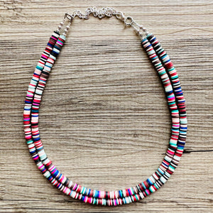 West Coast Rainbow Heishi Beaded Necklace, Colorful Jewelry, 2 strand Chunky statement necklace, beaded necklace, color block necklace