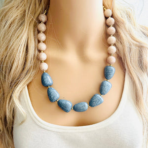 Big Bead cadet Blue & champagne Necklace, single Strand Statement Jewelry, Chunky bib bridesmaid or everyday bubble jewelry crackle