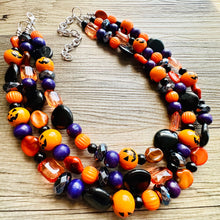 Load image into Gallery viewer, Orange Black &amp; Purple Halloween Necklace, Triple strand orange jewelry, jack O Lantern pumpkin chunky big bead statement necklace