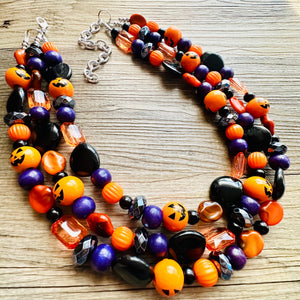 Orange Black & Purple Halloween Necklace, Triple strand orange jewelry, jack O Lantern pumpkin chunky big bead statement necklace