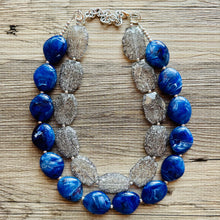 Load image into Gallery viewer, Blue &amp; Gray Big Beaded Necklace, multi strand jewelry bib collar chunky statement necklace, royal blue necklace, bridesmaid necklace