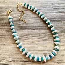 Load image into Gallery viewer, Natural Hawks Eye Emerald Chunky Statement Necklace, layering gem jewelry beaded gold single strand beaded, OOAK green white pearl gemstone