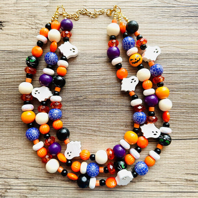 Three Strand Halloween Orange chunky Statement Necklace, orange beaded jewelry, black October necklace, ghost purple pumpkin