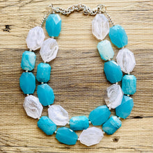 Load image into Gallery viewer, Aqua Blue Double Strand Statement Necklace, Chunky light blue Oval Beaded Bib Jewelry, blue jewelry, baby blue jewlery necklace