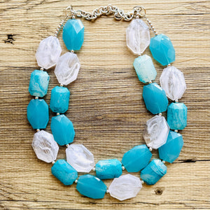 Aqua Blue Double Strand Statement Necklace, Chunky light blue Oval Beaded Bib Jewelry, blue jewelry, baby blue jewlery necklace