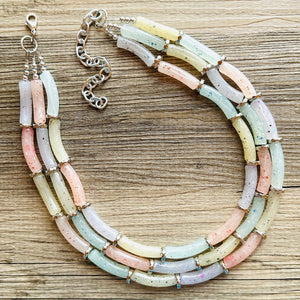 Summer Lemonade Chunky Statement Necklace, pink purple blue beaded jewelry, Multi Strand Bib clear Resin Beaded necklace yellow tube
