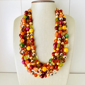 November Leaves Chunky Statement Necklace Beaded Jewelry, fall orange yellow orange mustard bridesmaid bib wedding gold clear resin