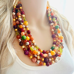 November Leaves Chunky Statement Necklace Beaded Jewelry, fall orange yellow orange mustard bridesmaid bib wedding gold clear resin