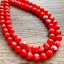 Load image into Gallery viewer, Cherry Red 2 Strand Big Beaded Statement Necklace, red beaded necklace, bridesmaid jewelry, red drop earrings bright tart white swirl