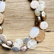 Load image into Gallery viewer, Silver Ombré Chunky Statement Necklace, multi Strand Beaded Jewelry, 2 strand chunky bib silver gem bead set gray black white shell