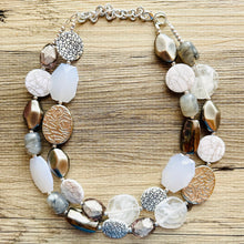 Load image into Gallery viewer, Silver Ombré Chunky Statement Necklace, multi Strand Beaded Jewelry, 2 strand chunky bib silver gem bead set gray black white shell