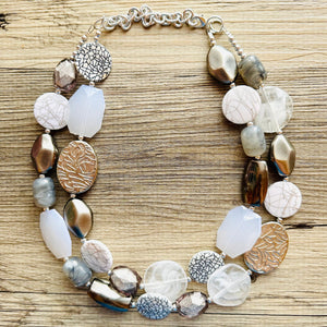 Silver Ombré Chunky Statement Necklace, multi Strand Beaded Jewelry, 2 strand chunky bib silver gem bead set gray black white shell