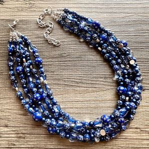 Midnight Rain Necklace, silver & Blue Statement Necklace, 5 strand chunky jewelry, dark blue navy gray periwinkle cadet sparkle glass