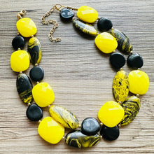 Load image into Gallery viewer, Black &amp; yellow SWIRL Statement Necklace, chunky beaded jewelry, bumble bee black and yellow necklace, beaded jewelry, black necklace