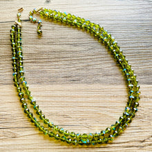 Load image into Gallery viewer, Green Jewel Statement Necklace, Chunky 2 Strand Jewelry, silver necklace, double long beaded necklace thick collar bead metal olive layering