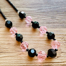 Load image into Gallery viewer, Black &amp; Pink Jewel Statement Necklace, Chunky 1 Strand Jewelry, black necklace, blush long bib beaded necklace thick collar bead metal