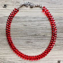 Load image into Gallery viewer, Pomegranate Seed Beaded statement necklace, extra chunky geometric bead red jewelry, glass long necklace jewelry, red jewelry set flutter