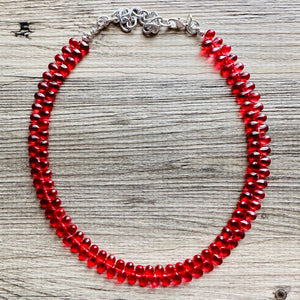 Pomegranate Seed Beaded statement necklace, extra chunky geometric bead red jewelry, glass long necklace jewelry, red jewelry set flutter