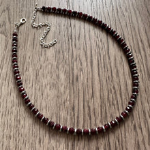 Load image into Gallery viewer, Garnet &amp; Silver Necklace, Maroon Jewelry, dark red statement Pieces, Jade gemstone Beads, single strand layering necklace marsala