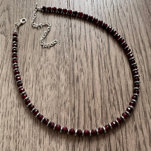 Garnet & Silver Necklace, Maroon Jewelry, dark red statement Pieces, Jade gemstone Beads, single strand layering necklace marsala