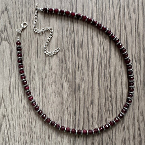 Garnet & Silver Necklace, Maroon Jewelry, dark red statement Pieces, Jade gemstone Beads, single strand layering necklace marsala