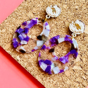Mirror Gold & Purple Resin Confetti Statement Earrings, gold drop Metal Filigree Earrings, filigree jewelry, metallic earrings geometric