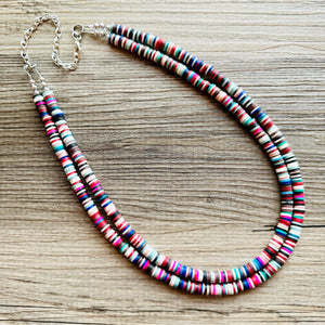 West Coast Rainbow Heishi Beaded Necklace, Colorful Jewelry, 2 strand Chunky statement necklace, beaded necklace, color block necklace