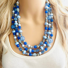 Load image into Gallery viewer, Misty Haze Blue Chunky Statement Necklace, big Beaded thick Jewelry, Triple Strand wedding or everyday dress, periwinkle lava blue earrings