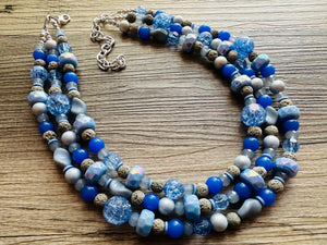 Misty Haze Blue Chunky Statement Necklace, big Beaded thick Jewelry, Triple Strand wedding or everyday dress, periwinkle lava blue earrings