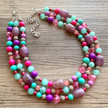 Load image into Gallery viewer, Maggie Mint Bib, Green Pink &amp; Purple statement necklace, chunky bib beaded jewelry, pink necklace, 3 strand jewelry thick earrings set