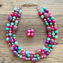 Load image into Gallery viewer, Maggie Mint Bib, Green Pink &amp; Purple statement necklace, chunky bib beaded jewelry, pink necklace, 3 strand jewelry thick earrings set