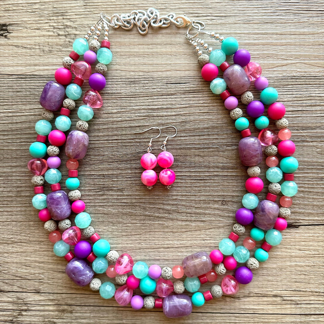 Maggie Mint Bib, Green Pink & Purple statement necklace, chunky bib beaded jewelry, pink necklace, 3 strand jewelry thick earrings set